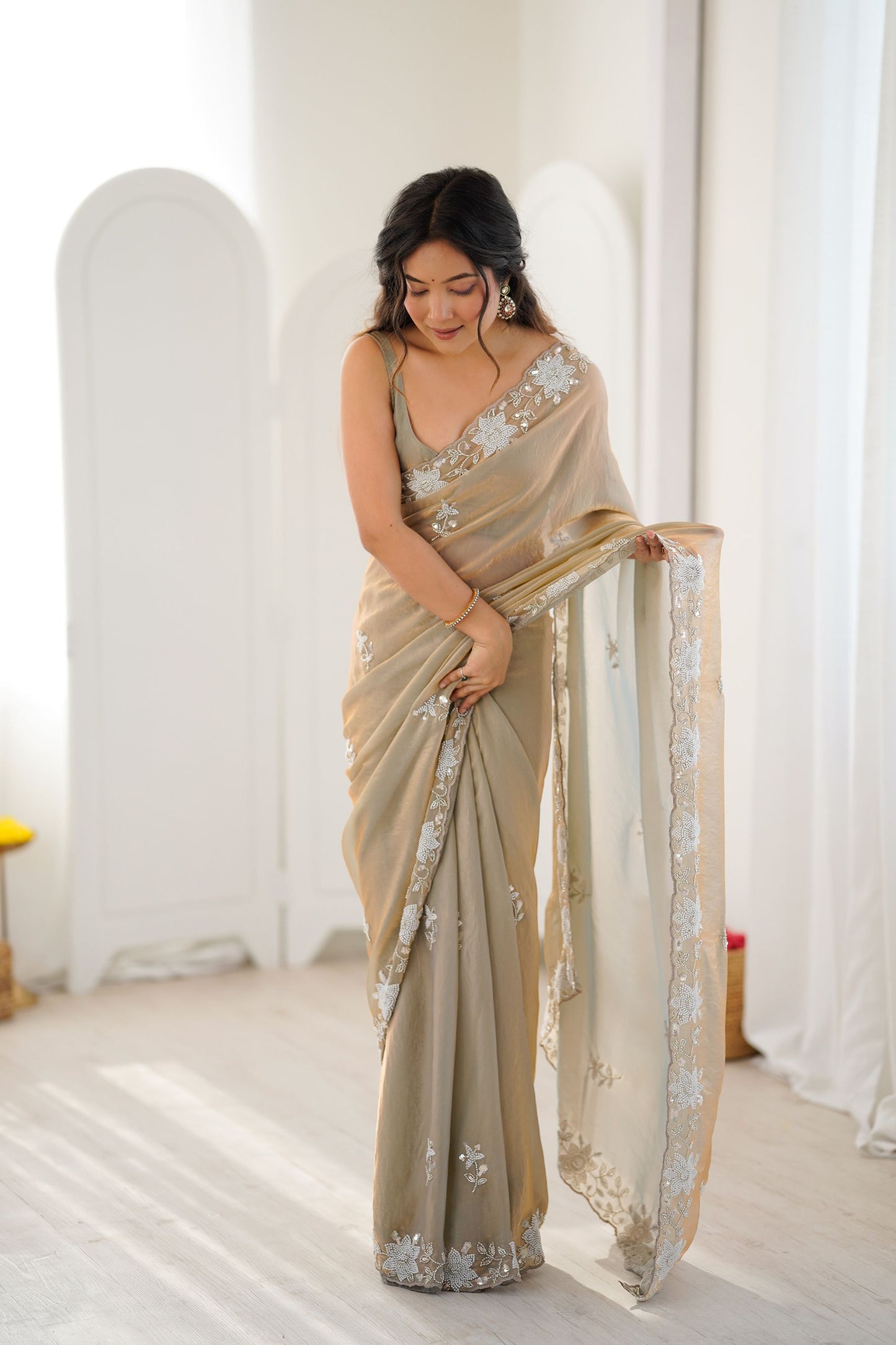 Elegant Beige Designer Embroidered Saree with Silver Floral Work Party Wear