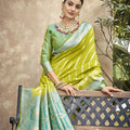 Lime Green Banarasi Silk Saree Sky Blue Zari Border Traditional Saree