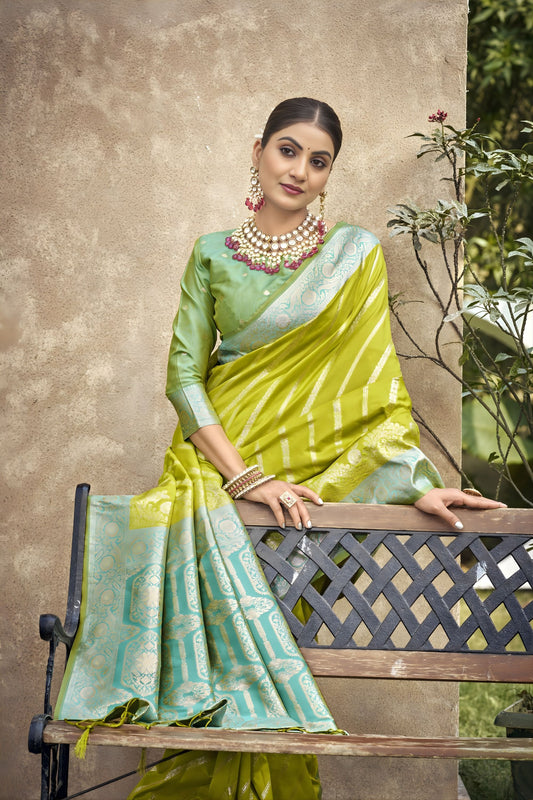 Lime Green Banarasi Silk Saree Sky Blue Zari Border Traditional Saree