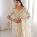 Designer Ivory White Organza Silk Party Wear Saree Golden Embroidery
