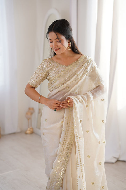 Designer Ivory White Organza Silk Party Wear Saree Golden Embroidery