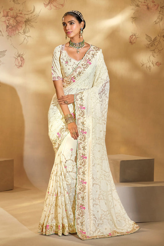  Cream Embroidered Traditional Saree Designer Blouse Festive Wear