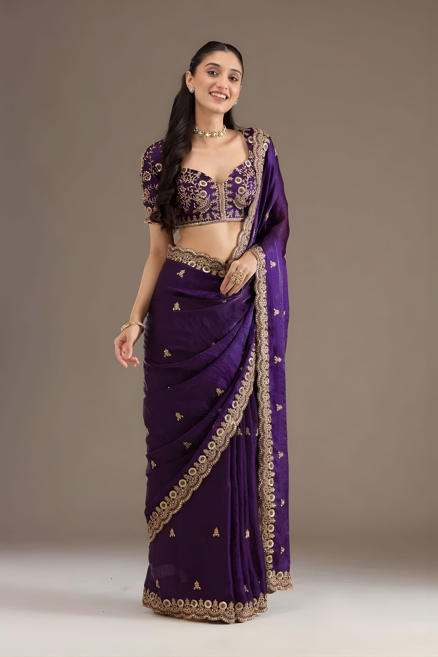 Royal Purple Silk Saree with Heavy Zari Embroidered Border Designer Blouse
