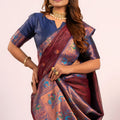 Wine Paithani Silk Saree with Blue Zari Border Traditional Saree