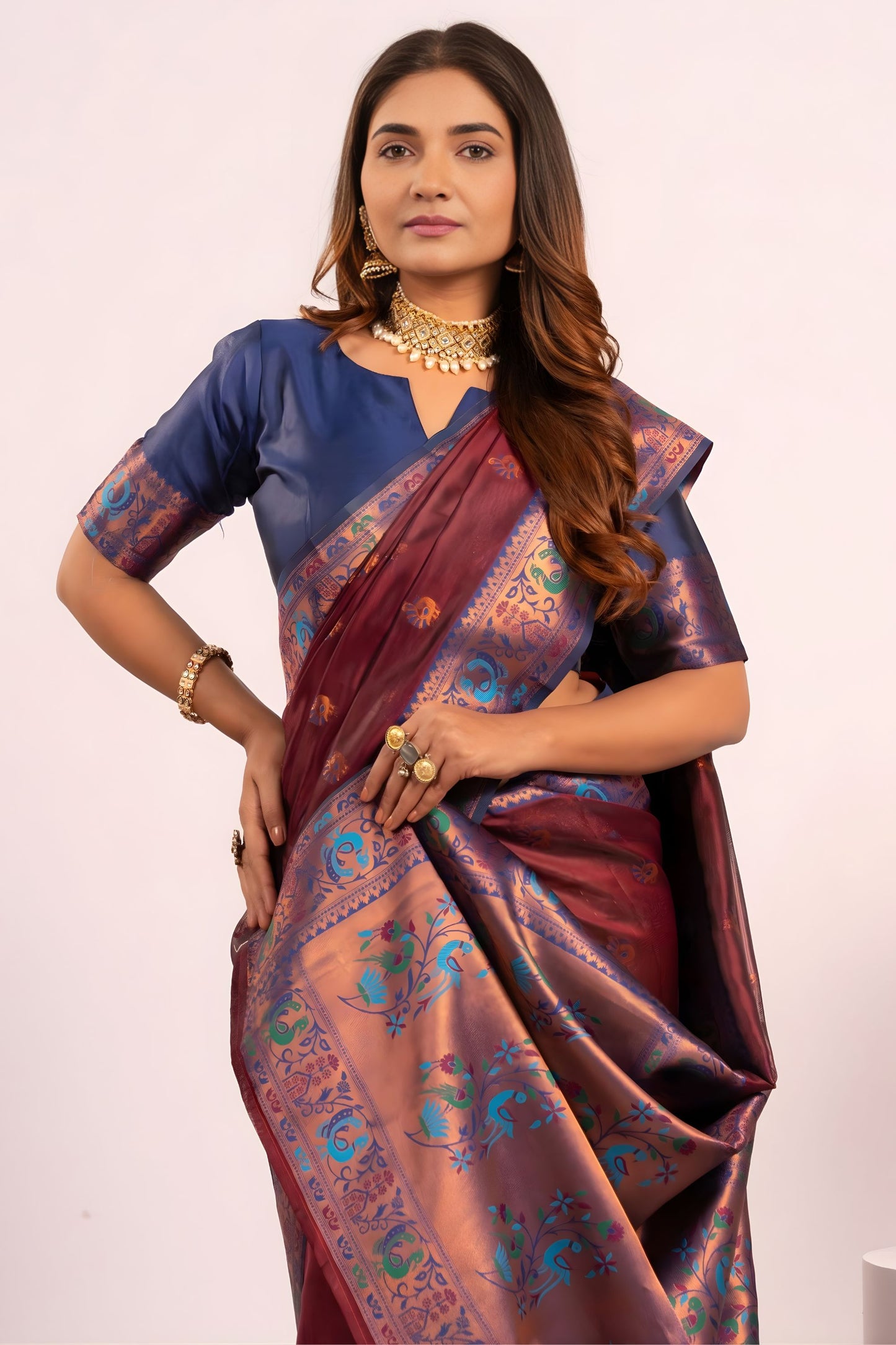 Wine Paithani Silk Saree with Blue Zari Border Traditional Saree