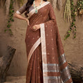 Coffee Brown Cotton Linen Saree with Silver Zari Border