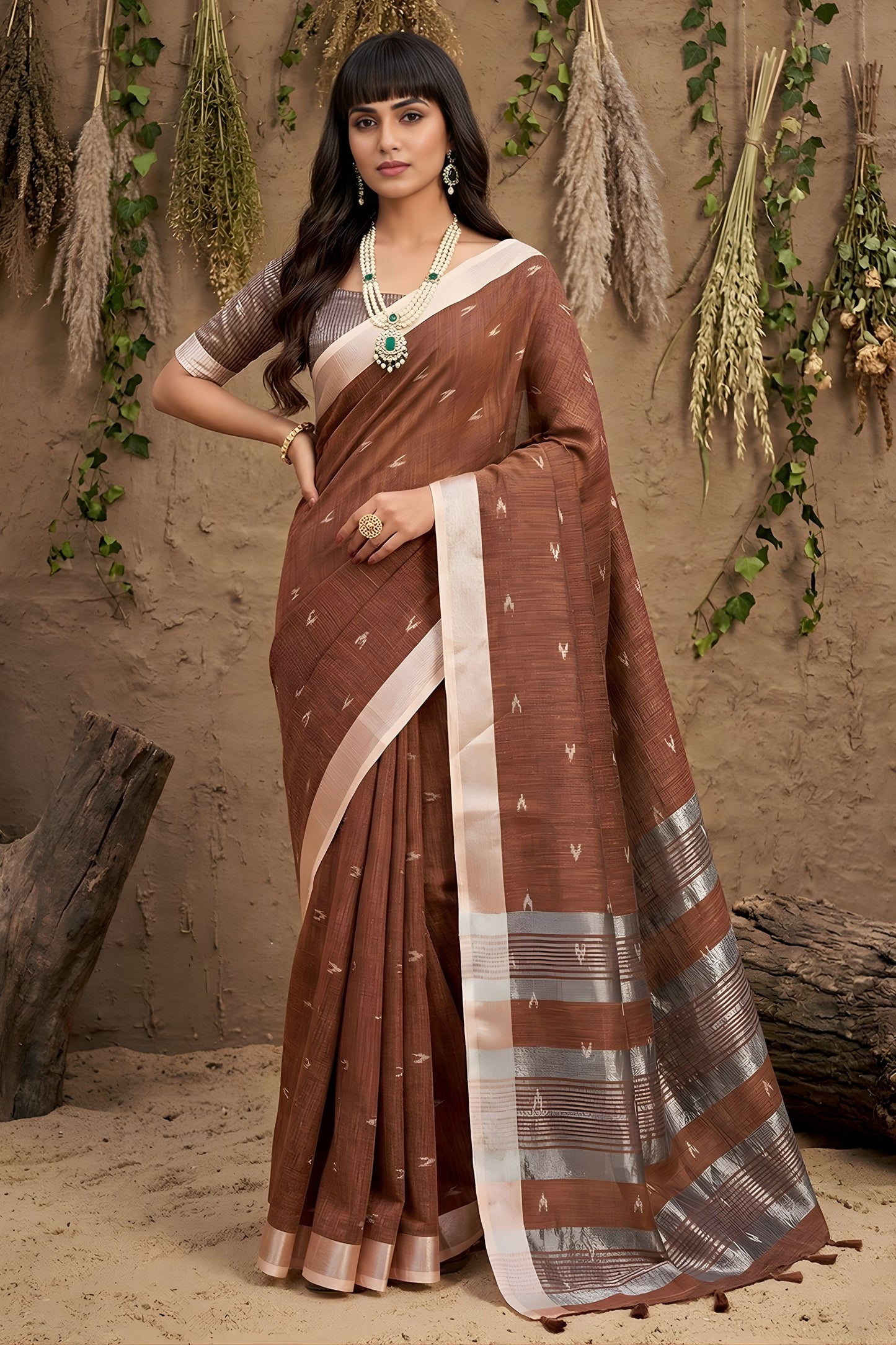 Coffee Brown Cotton Linen Saree with Silver Zari Border