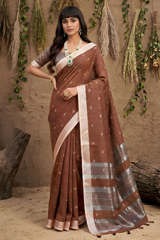 Coffee Brown Cotton Linen Saree with Silver Zari Border