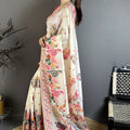 Off White Satin Silk Saree Multicolor Floral Print Designer Border