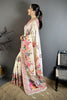 Off White Satin Silk Saree Multicolor Floral Print Designer Border