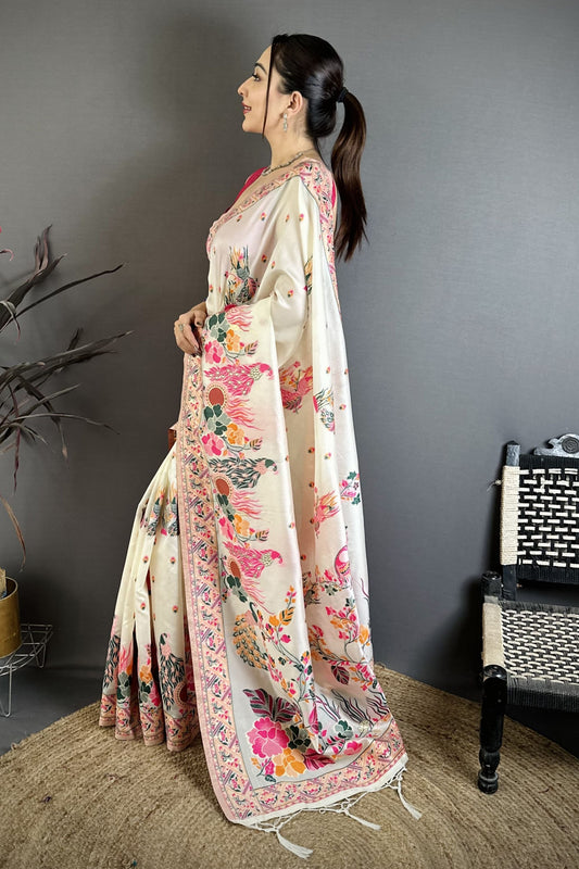 Off White Satin Silk Saree Multicolor Floral Print Designer Border