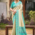Beige Silk Saree Turquoise Blue Banarasi Border Traditional Saree 