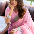 Beautiful Pink Linen Cotton Printed Saree with Floral Border and Blouse