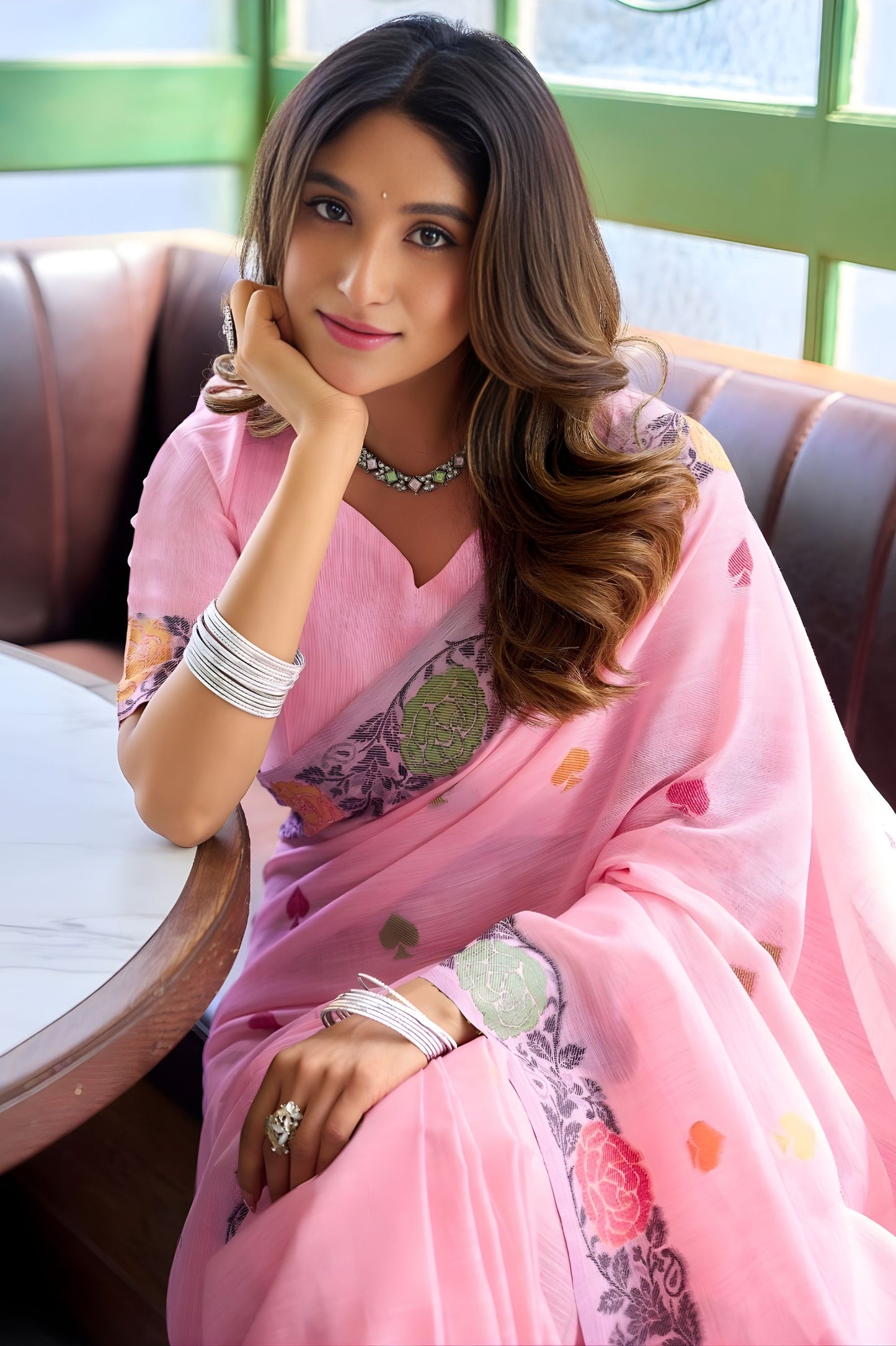 Beautiful Pink Linen Cotton Printed Saree with Floral Border and Blouse