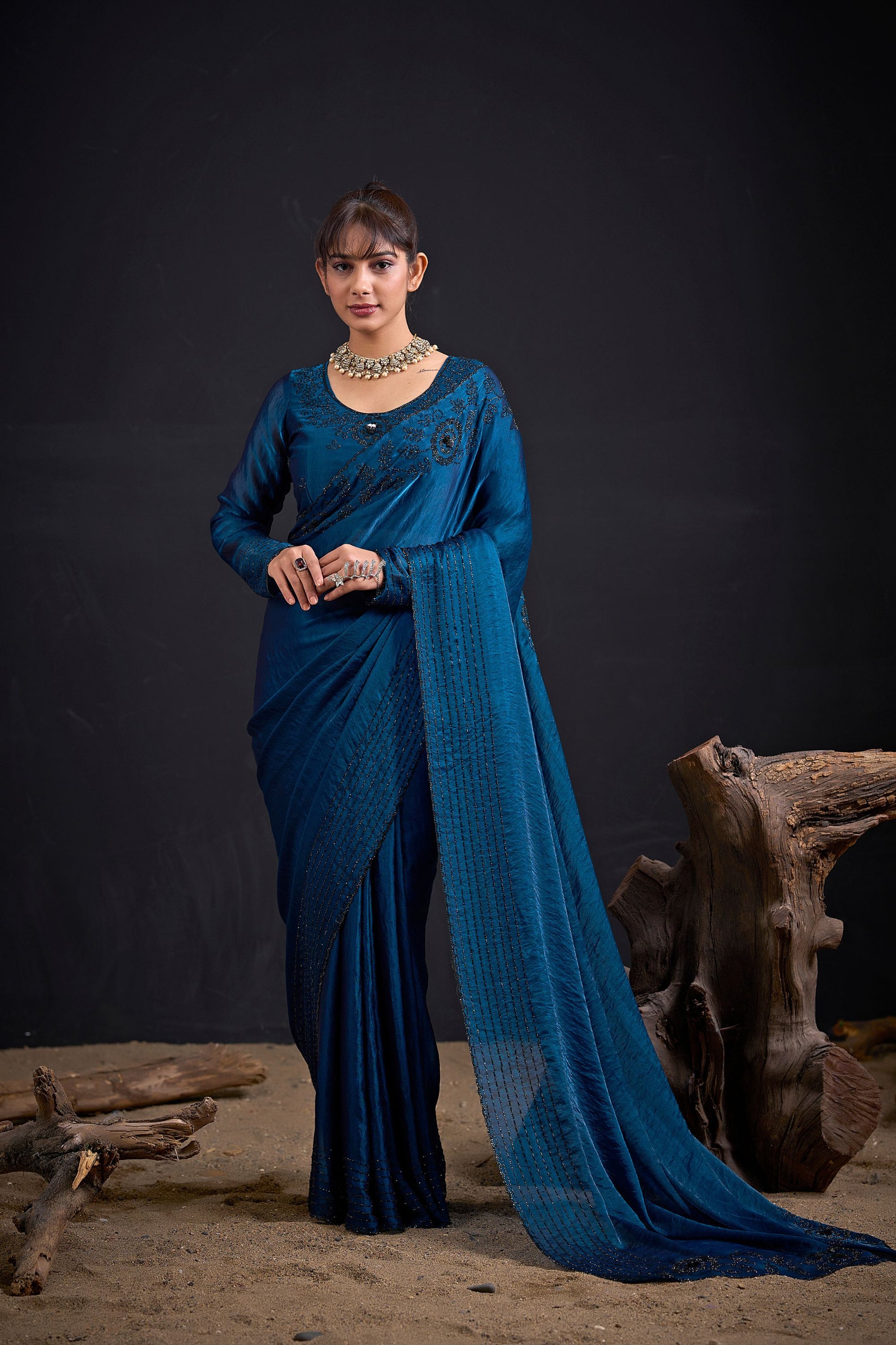 Teal Blue Embroidered Silk Saree with Designer Blouse