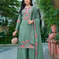 Beautiful Sage Green Embroidered Crepe Palazzo Suit Set Dupatta for Women
