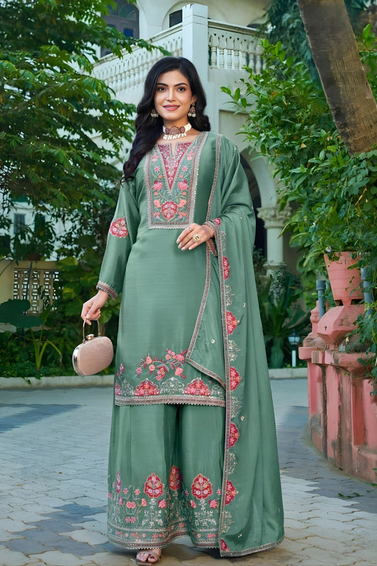 Beautiful Sage Green Embroidered Crepe Palazzo Suit Set Dupatta for Women