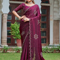 Wine Purple Silk Saree Embroidered Floral Border Designer Blouse
