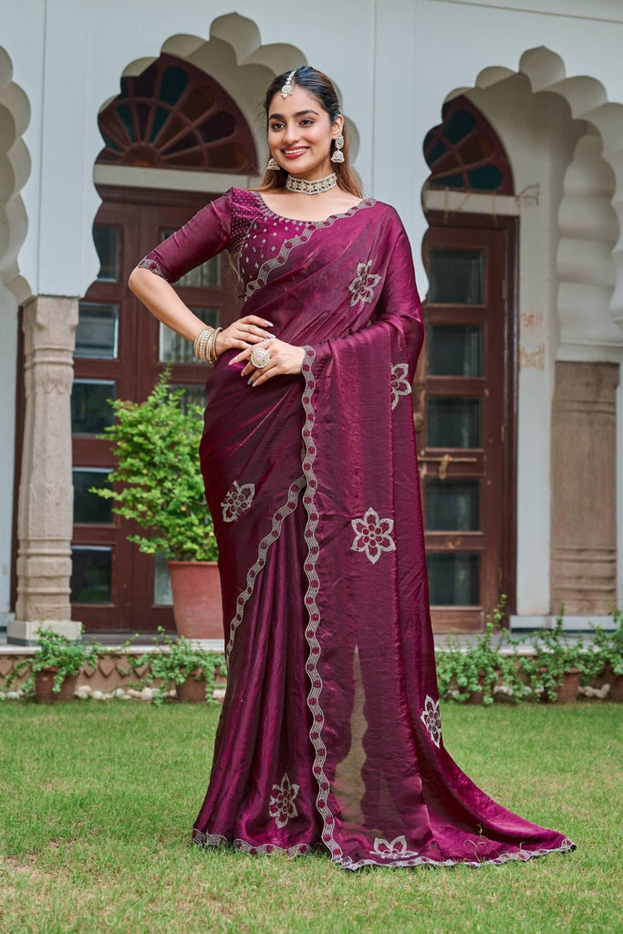 Wine Purple Silk Saree Embroidered Floral Border Designer Blouse