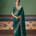 Green Georgette Saree Heavy Silver Embroidery Border Designer Blouse 