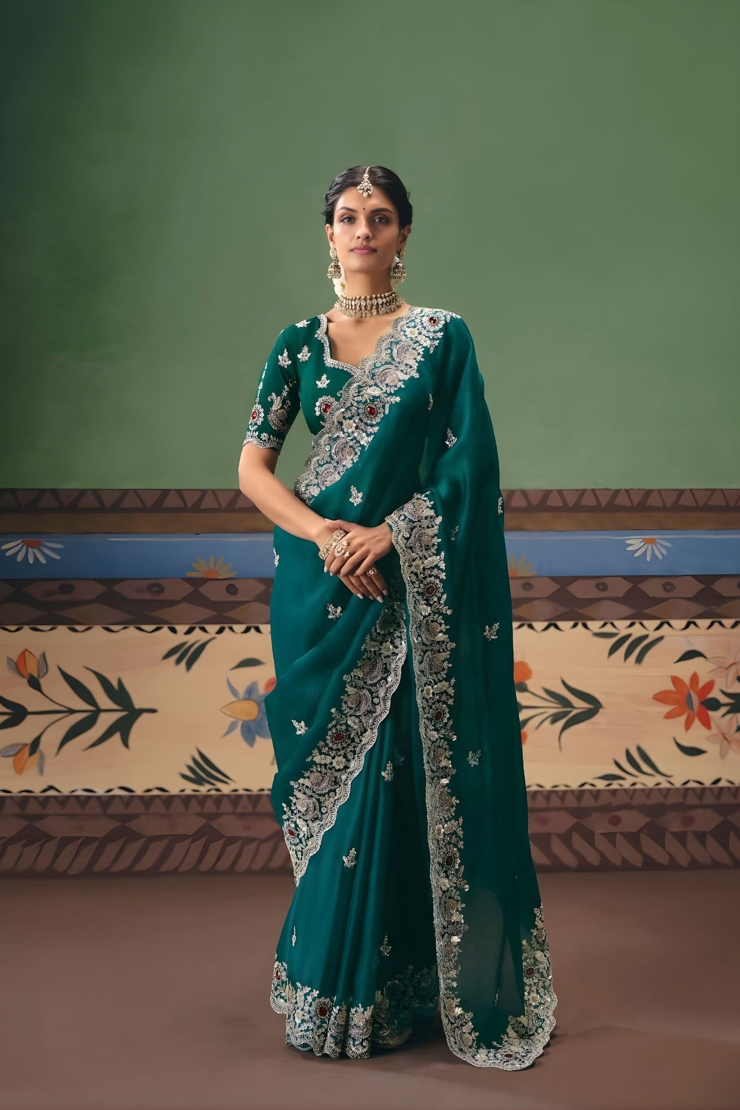 Green Georgette Saree Heavy Silver Embroidery Border Designer Blouse 