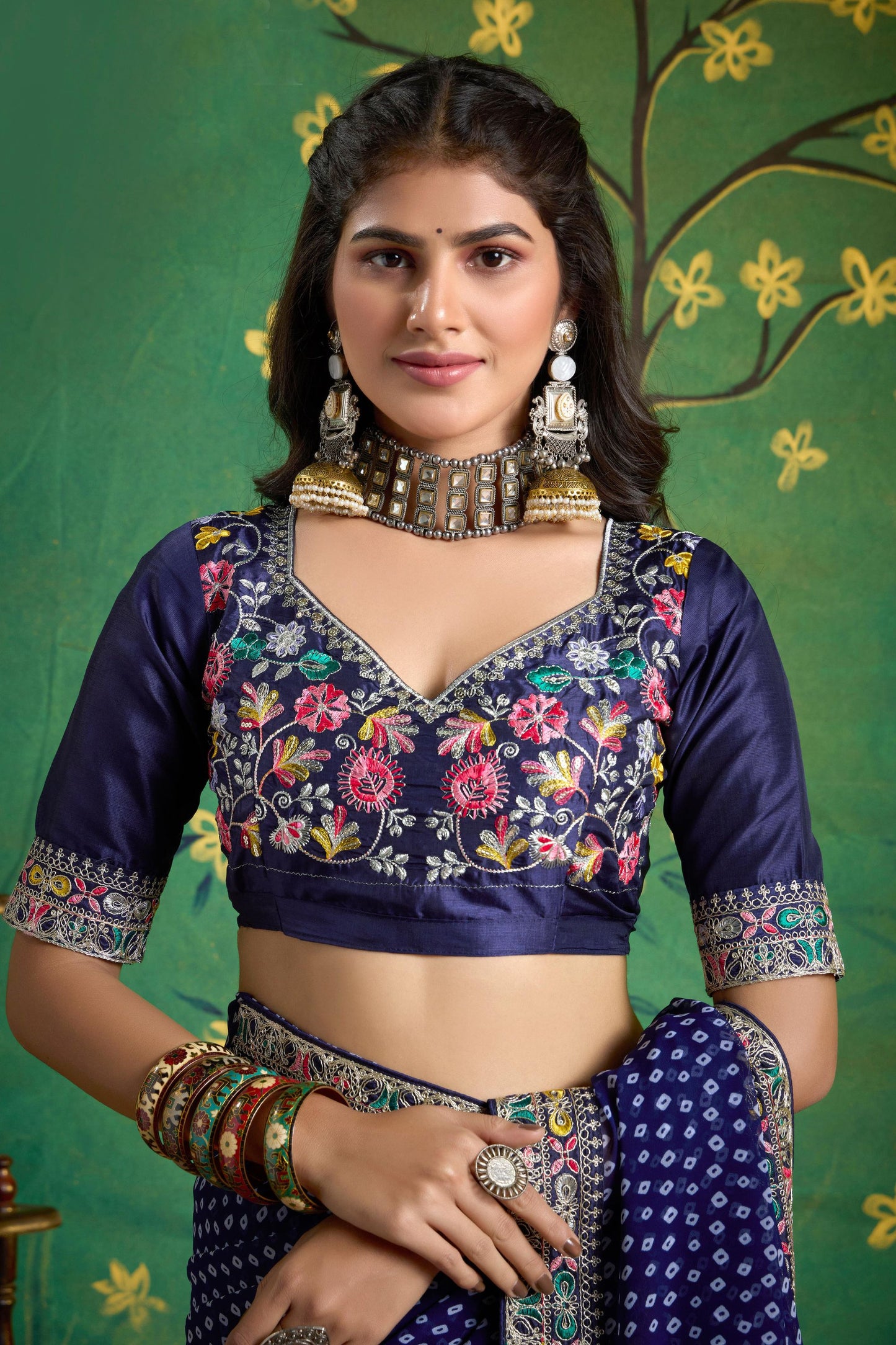 Navy Blue Bandhej Saree with Designer Blouse for Festive Wear