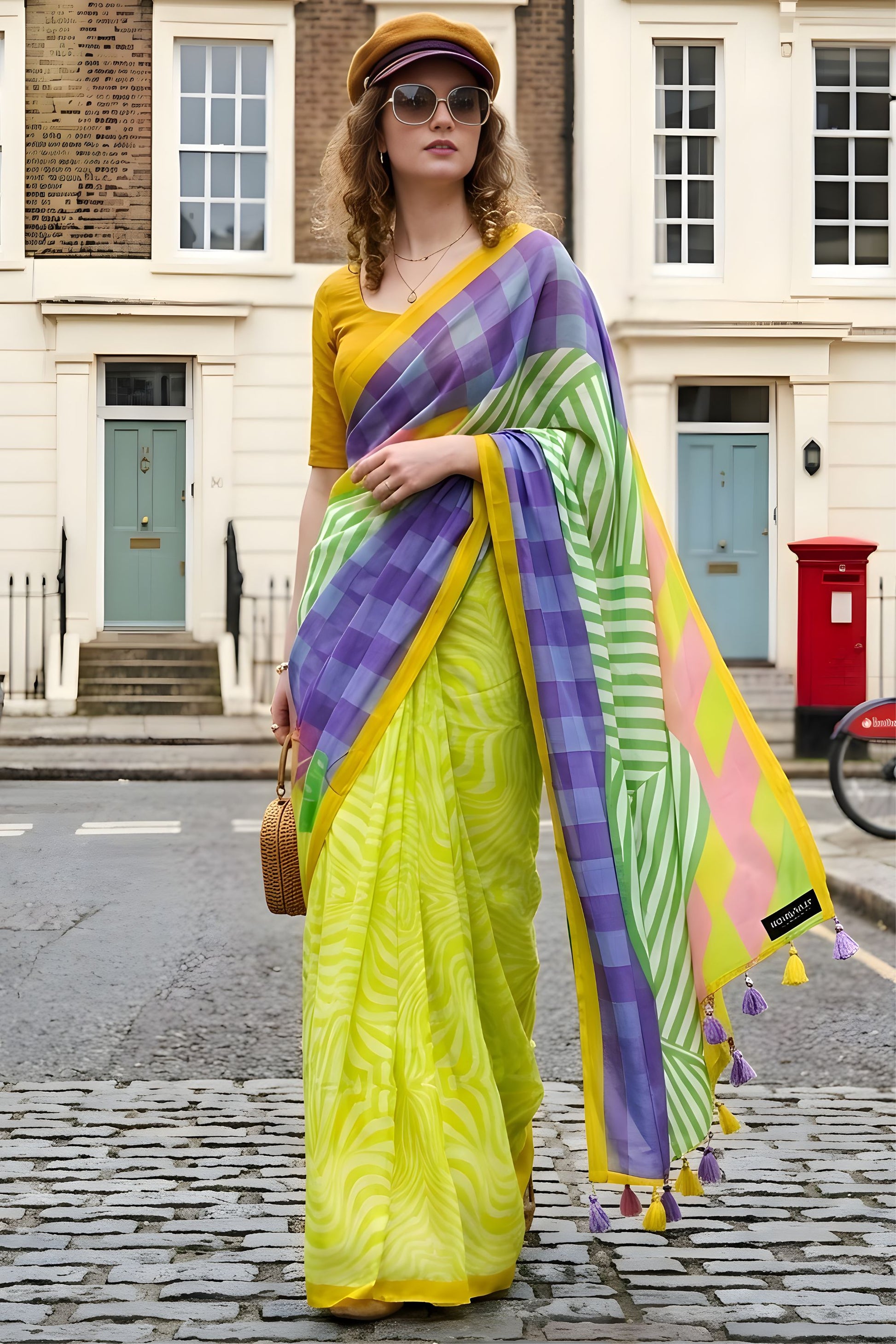 Trendy Lime Green Purple Saree Geometric Prints Casual Wear Saree