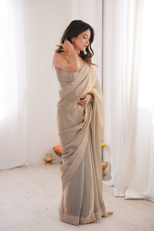 Champagne Gold Organza Saree Designer Embroidered Border