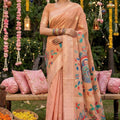  Peach Linen Silk Saree Multicolor Peacock Floral Print Zari Border 
