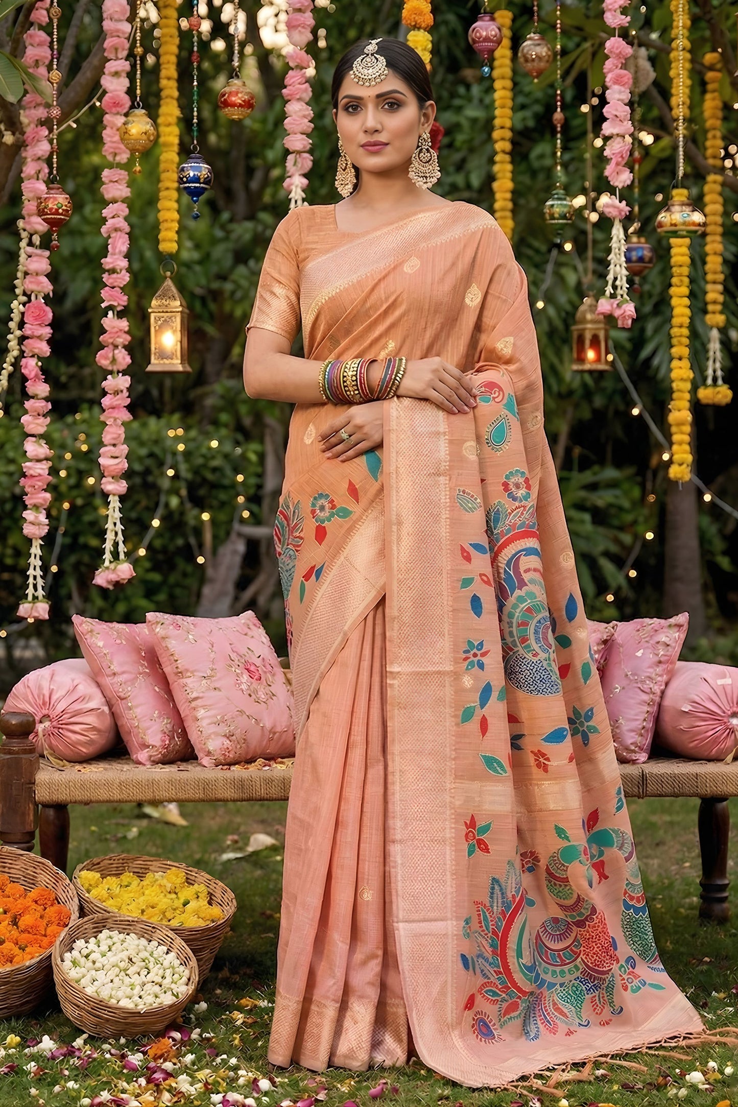 Peach Linen Silk Saree Multicolor Peacock Floral Print Zari Border 