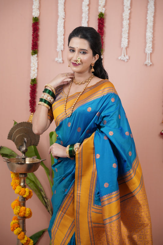 Royal Blue Silk Saree Mustard Gold Woven Border Traditional Design