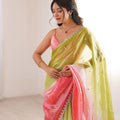 Beautiful Lime Green Coral Pink Ombre Organza Saree Embroidered Border