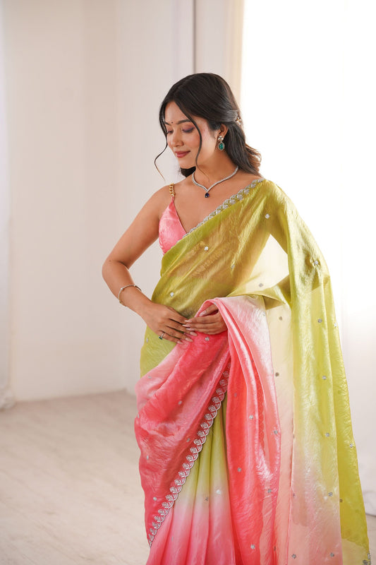 Beautiful Lime Green Coral Pink Ombre Organza Saree Embroidered Border