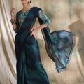 Teal Blue Satin Saree with Printed Designer Blouse Festive Wear
