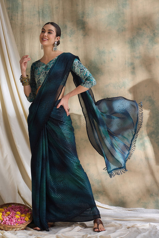 Teal Blue Satin Saree with Printed Designer Blouse Festive Wear