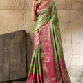 Green Banarasi Silk Saree Pink Zari Border Floral Weaving Saree