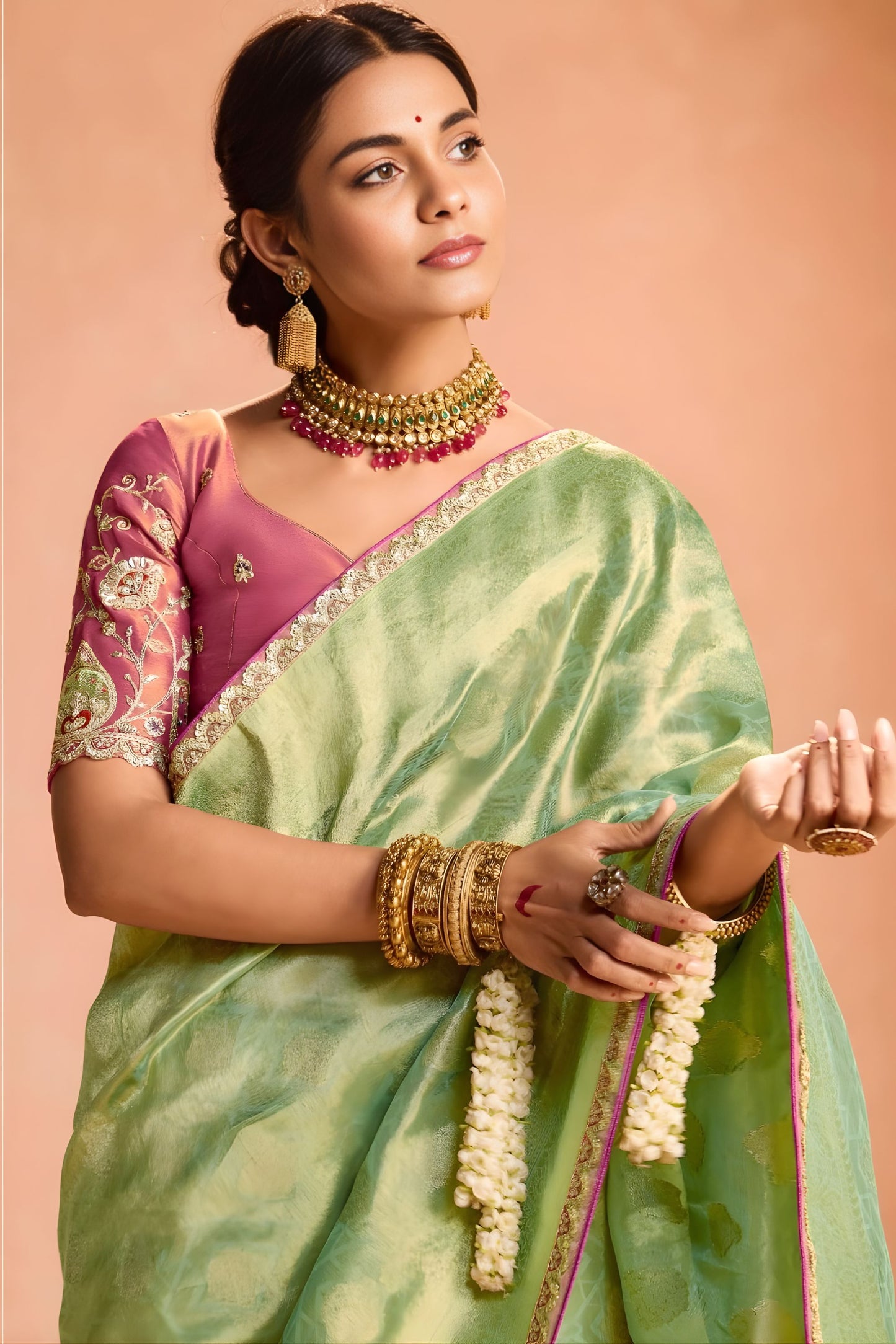 Pastel Green Soft Silk Saree with Woven Butti Designer Blouse