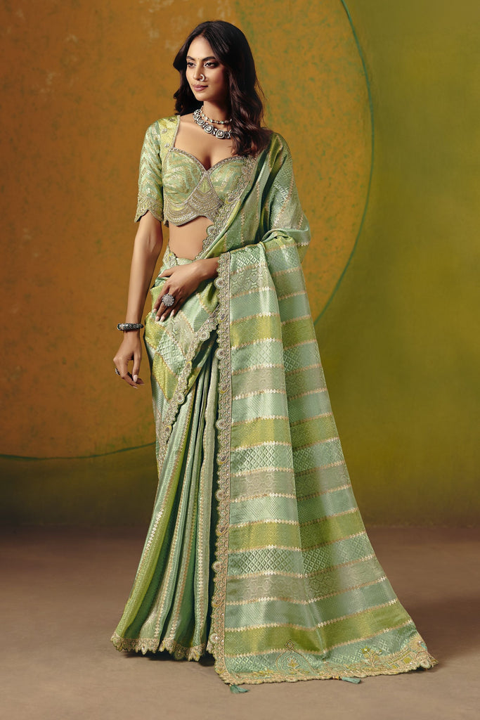 Green Silk Saree Woven Zari Embroidered Border with Readymade Blouse