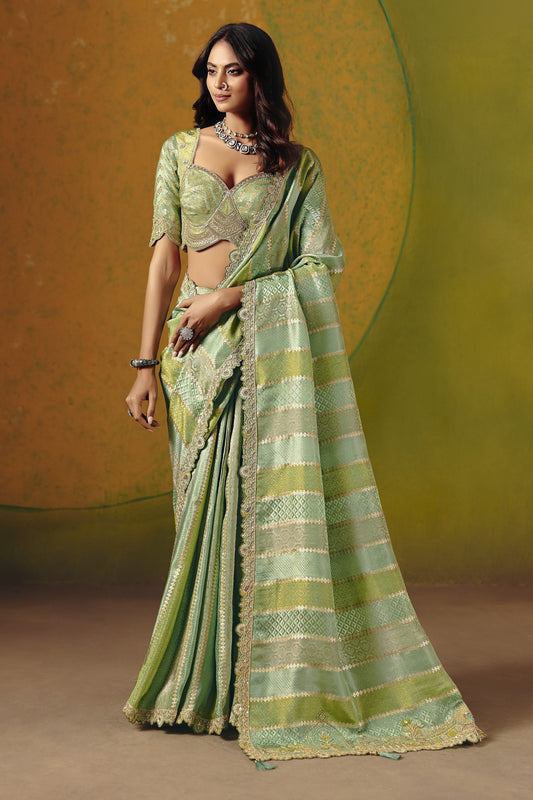 Green Silk Saree Woven Zari Embroidered Border with Readymade Blouse