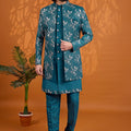 Admirable Teal Blue Indo Western Sherwani Heavy Embroidery With Designer Jacket