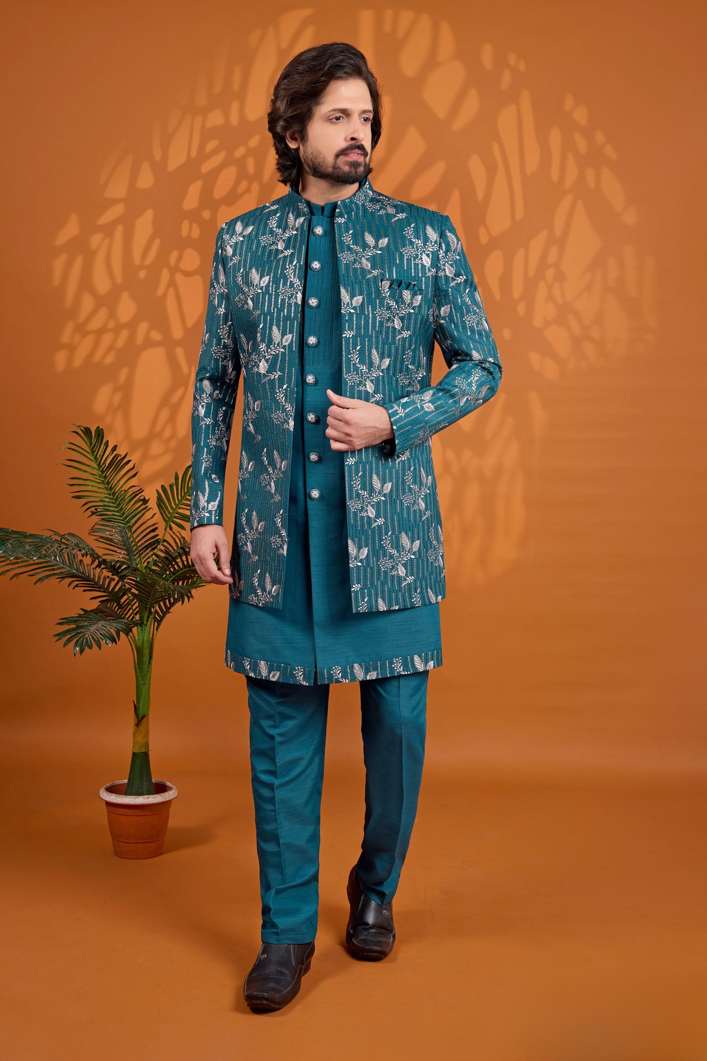 Admirable Teal Blue Indo Western Sherwani Heavy Embroidery With Designer Jacket