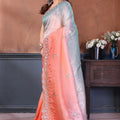 Peach and Sky Blue Embroidered Organza Silk Saree Designer Border
