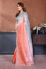Peach and Sky Blue Embroidered Organza Silk Saree Designer Border