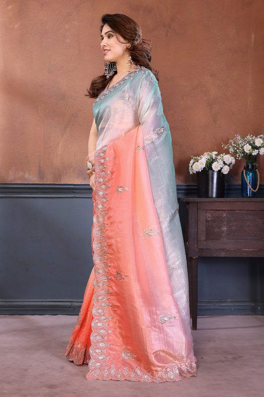 Peach and Sky Blue Embroidered Organza Silk Saree Designer Border