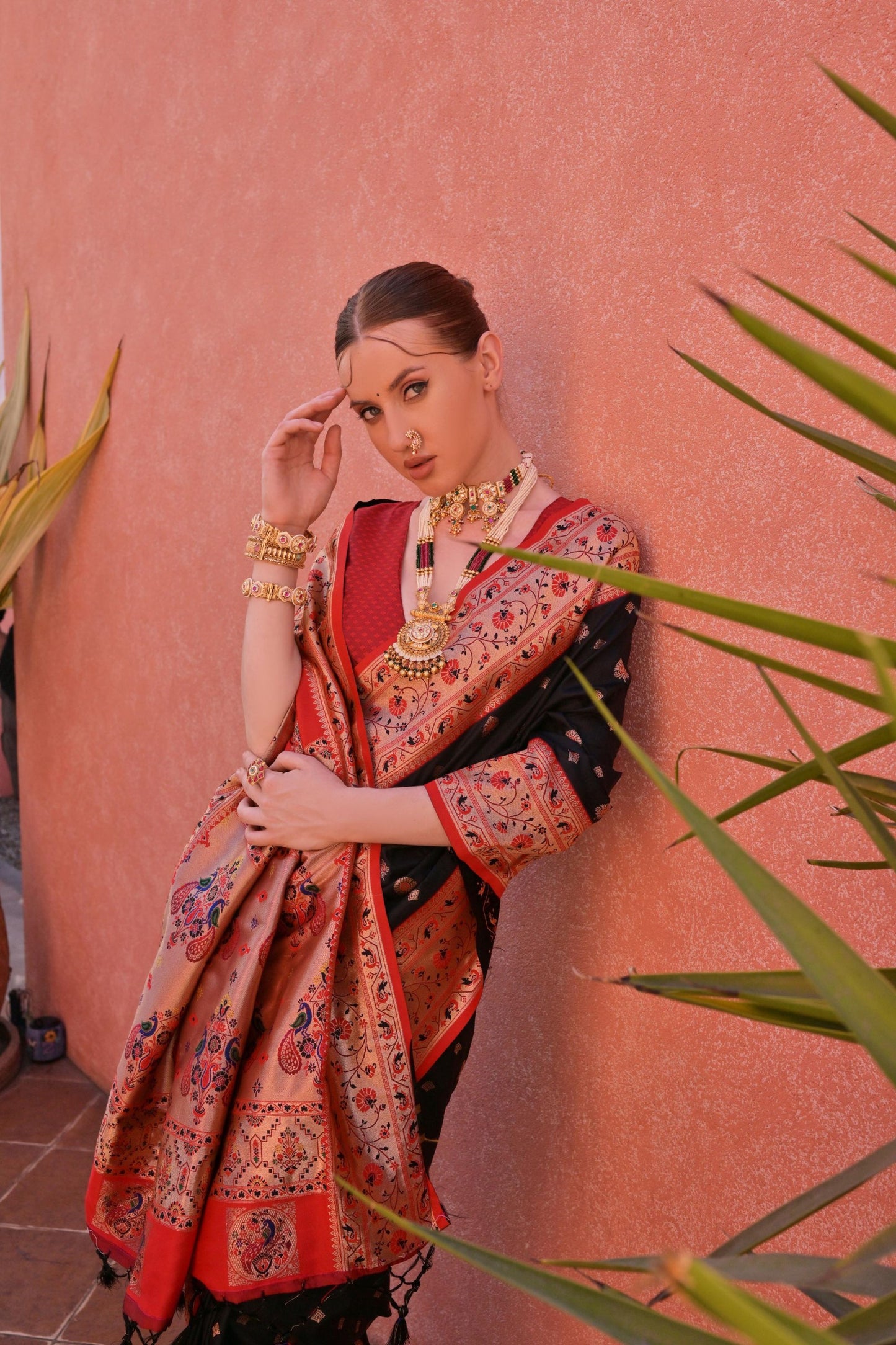 Elegant Black Red Banarasi Silk Saree with Rich Golden Zari Border