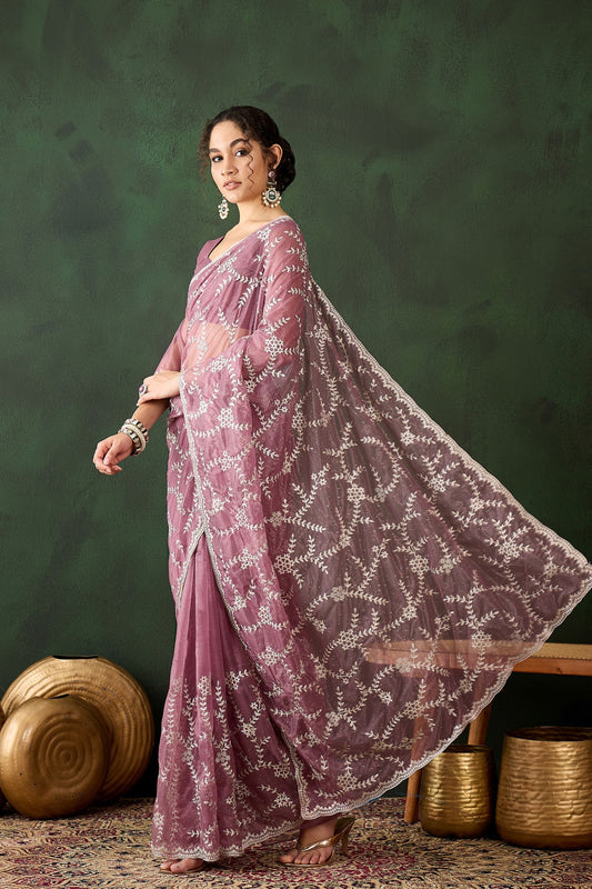 Mauve Embroidered Net Saree Thread Work Border Party Wear Saree
