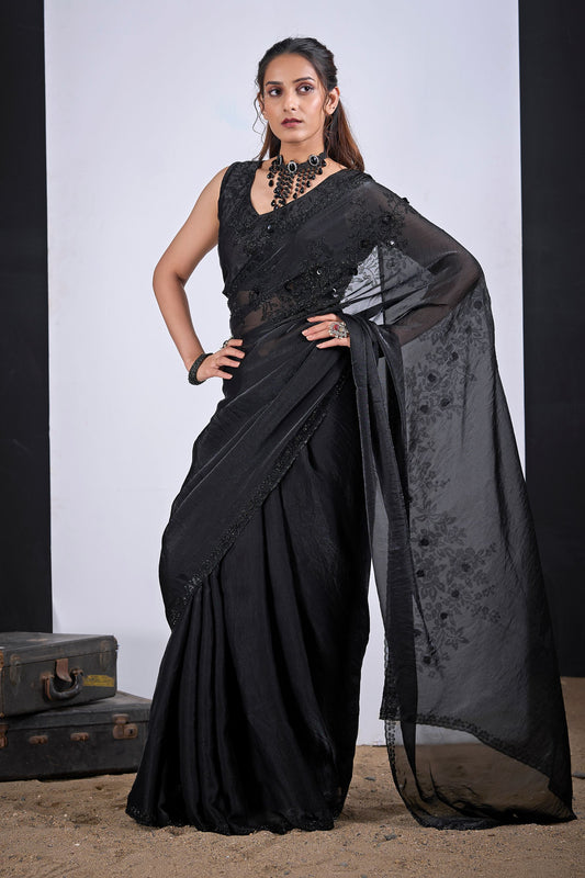 Black Organza Saree with Floral Embroidery Designer Saree