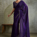 Deep Purple Chiffon Saree Zari Embroidered Blouse Designer Party Wear Saree