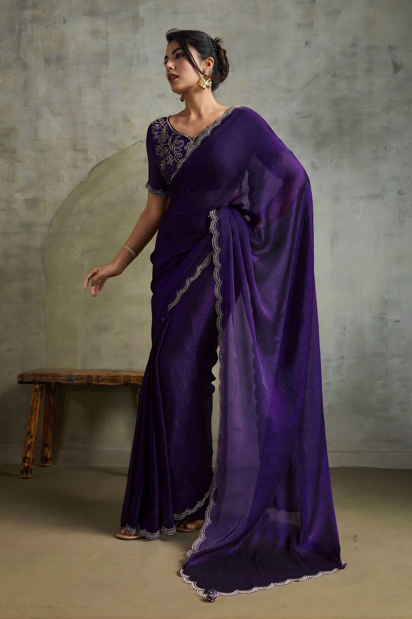 Deep Purple Chiffon Saree Zari Embroidered Blouse Designer Party Wear Saree