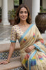 Beige Printed Linen Silk Saree with Multicolor Leaf Design